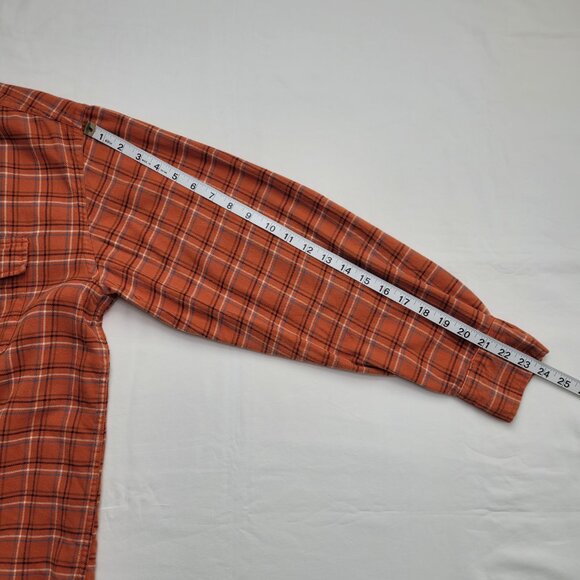 L.L. Bean Mens Plaid Flannel Shirt Orange Brown Elbow Patches Large Outdoorsman - Picture 7 of 9